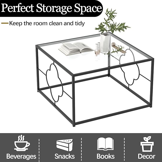 Black Coffee Table Modern Center Table,Glass Square Minimalist Coffee Table Tea Table for Living Room,Tempered Glass-top with Sturdy Metal Frame, Easy Assembly,26.4 x 26.4 x 15.7 Inches