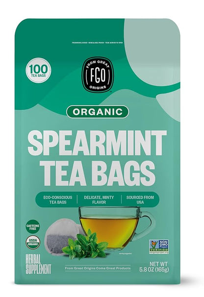 FGO Organic Spearmint Leaf Tea, 100 Count, Eco-Conscious Tea Bags, Caffeine Free, Resealable Bag, Packaging May Vary (Pack of 1)