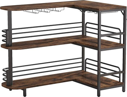 Tribesigns L-Shaped Home Bar Unit, 3 Tier Liquor Table With Storage Shelves and Wine Glasses Holder, Industrial Corner Wine Cabinet Mini Bar for Home Kitchen Pub, Rustic Brown