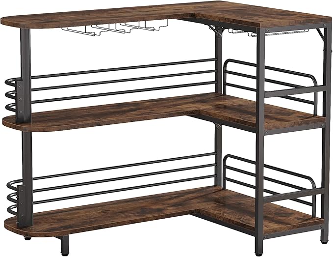 Tribesigns L-Shaped Home Bar Unit, 3 Tier Liquor Table With Storage Shelves and Wine Glasses Holder, Industrial Corner Wine Cabinet Mini Bar for Home Kitchen Pub, Rustic Brown