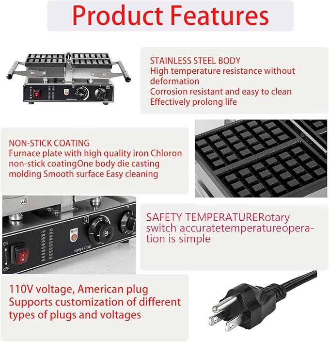 Commercial Square Waffle Maker, 2 slice Waffle Iron, Non-Stick Industrial Belgian Waffle Maker Stainless Steel 110V Temp and Time Control, Suitable for Restaurant Bakeries Snack Bar Family