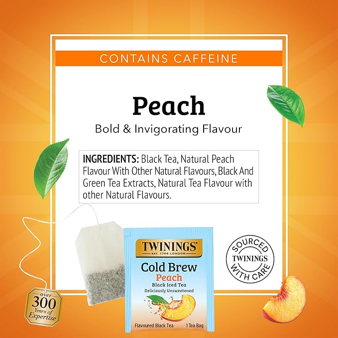 Twinings Peach Cold Brew Iced Tea Bags, 20 Count (Pack of 1), Unsweetened Flavoured Black Tea, Caffeinated, 20 Teabags