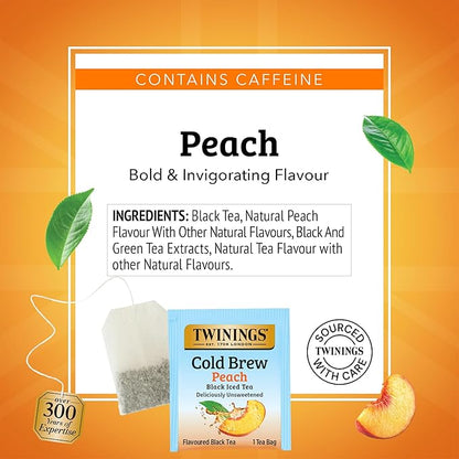 Twinings Peach Cold Brew Iced Tea Bags, 20 Count (Pack of 1), Unsweetened Flavoured Black Tea, Caffeinated, 20 Teabags
