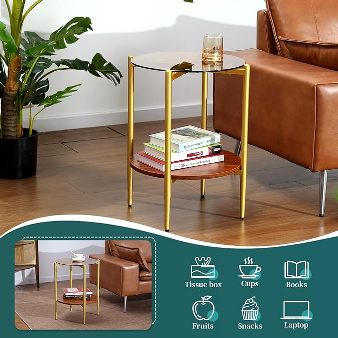 Small Round Coffee Tables for Living Room, Mid Century Side Table with Brown Glass Top, Solid Brown Storage Shelf and Sturable Gold Legs for Small Space, Office, Department