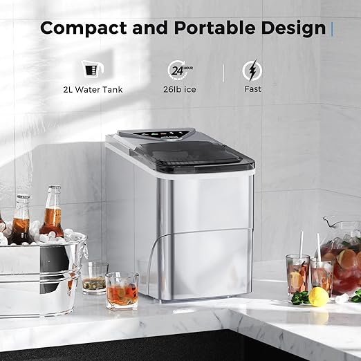 Ice Makers Countertop, Self-Cleaning Function, Portable Electric Ice Cube Maker Machine, 9 Bullet Ice Ready in 6 Mins, 26lbs 24Hrs with Ice Bags and Ice Scoop Basket for Home Bar Camping RV(Silver)