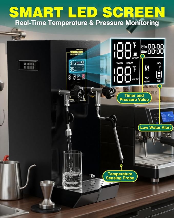 WantJoin Commercial Milk Frother - Multi-functional Milk Steamer Machine Hot Water Dispenser Beverage Heater with LED Display Panel for Latte Cappuccino Coffee Milk Tea Foam Hotel 1800W