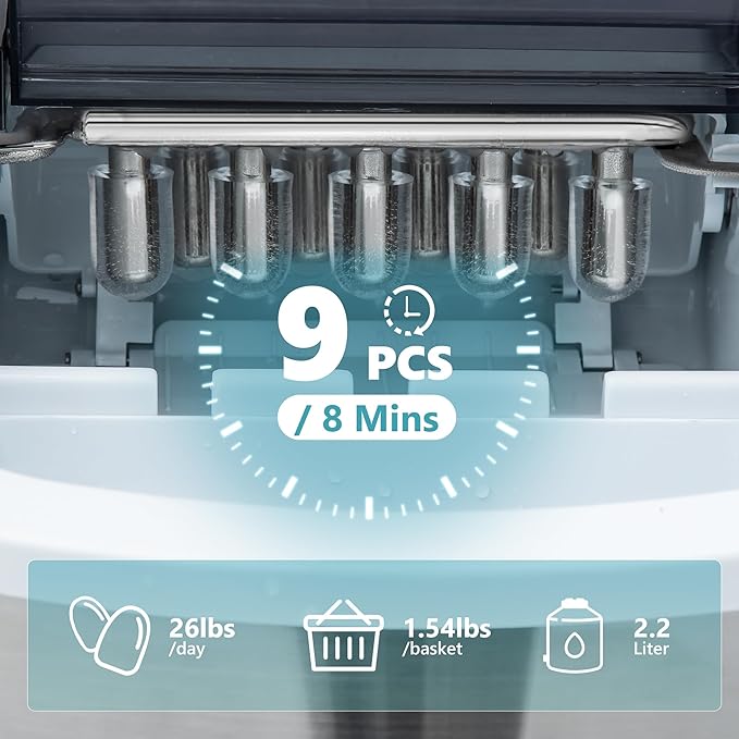 EUHOMY Smart Ice Makers Countertop -26lbs in 24 Hours, 9 Cubes Ready in 8Mins, Self-Cleaning Countertop Ice Maker, Portable Ice Maker with Ice Scoop and Basket, Perfect for Home/Kitchen/Office(Sliver