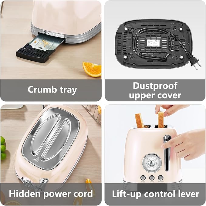 Beige Cute Retro Toaster 2 Slice with 1.58" Wide Slots, Bread toaster with Cover and Warm Rack, Stainless Steel Toaster with Removable Crumb Tray, Preheat, Defrost, Cancel Function (Cream)