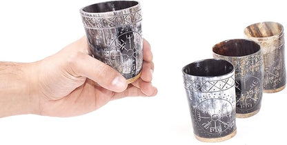 Ox Horn Shot Glass Set of 4 – Handcrafted Viking Cups with Unique Engraved Design – Cool Norse Horn Shot Glasses for Ancient Age Whiskey, Mead & Spirits – Rustic Gift for Men, Barware Collection