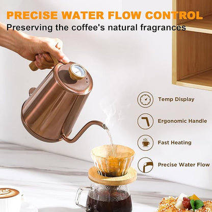 Nueve&Five Gooseneck Electric Kettle with Thermometer, Copper Tea Kettle with Auto Shut-Off,1000W Hot Water Kettle Electric of Stainless Steel,Electric Kettles for,Coffee & Tea