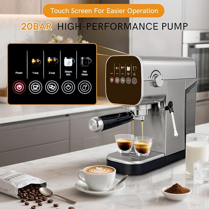 Espresso Machine with Steam Milk Frother Compact Cappuccino Machine with Programmable to Customized Americano Touch Screen Coffee Maker for Latte, Hot Water Stainless Steel