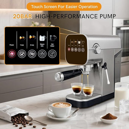 Espresso Machine with Steam Milk Frother Compact Cappuccino Machine with Programmable to Customized Americano Touch Screen Coffee Maker for Latte, Hot Water Stainless Steel