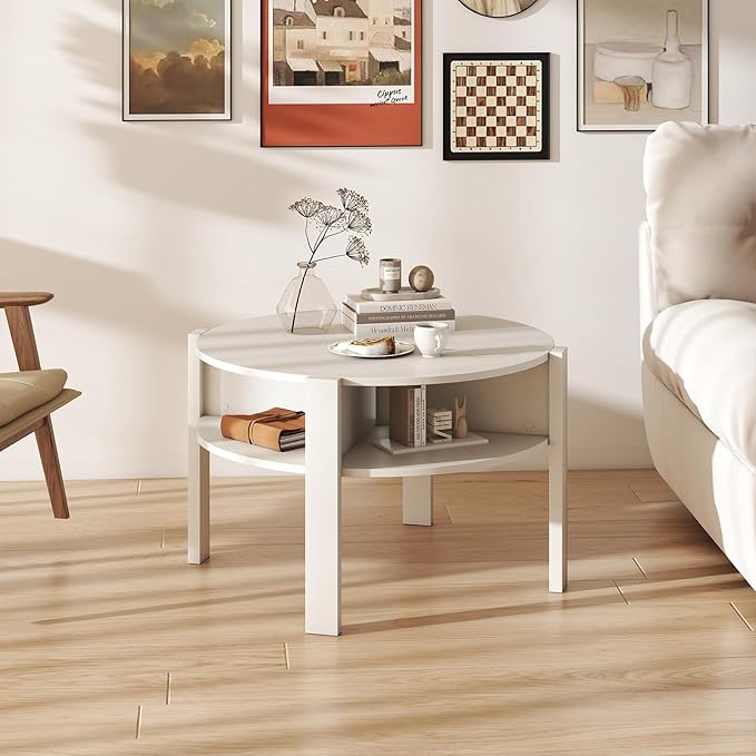 Giantex Round Coffee Table, 2-Tier Mid Century Modern Tea Cocktail Table with Storage Shelves & 4 Side Compartments, Wood Center Table for Living Room, Small Spaces (White)