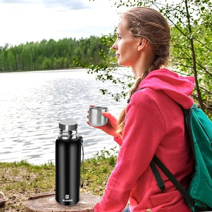 Insulated vacuum Thermo Bottle 1500ml/50.7oz with cup Stainless steel coffee bottles for hot and cold drink water flask.(Black,1500ml)