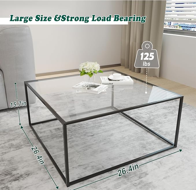 Glass Coffee Table Modern Center Table,Minimalist Coffee Table Sofa Side Tea Table for Living Room,Tempered Glass-top with Sturdy Metal Frame, Easy Assembly,26.4 x 26.4 x 15.7 Inches, Black