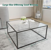Glass Coffee Table Modern Center Table,Minimalist Coffee Table Sofa Side Tea Table for Living Room,Tempered Glass-top with Sturdy Metal Frame, Easy Assembly,26.4 x 26.4 x 15.7 Inches, Black