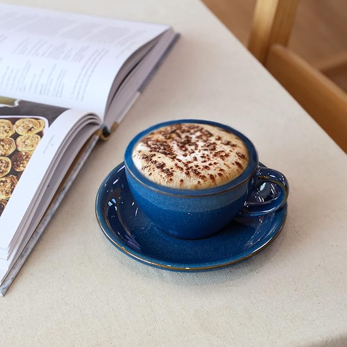 LE TAUCI 8 oz Cappuccino Cups with Saucers, Ceramic Large Coffee Cup for Au Lait, Double shot, Latte, Cafe Mocha, Tea - Set of 4, Ceylon Blue