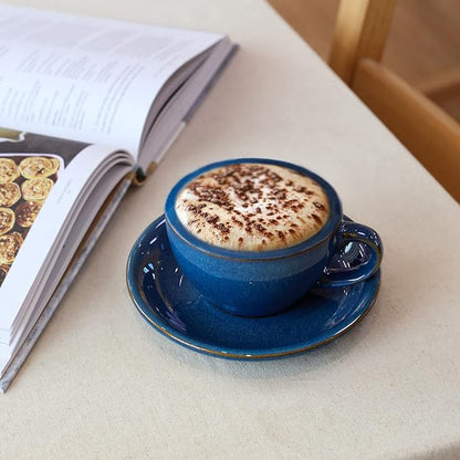 LE TAUCI 8 oz Cappuccino Cups with Saucers, Ceramic Large Coffee Cup for Au Lait, Double shot, Latte, Cafe Mocha, Tea - Set of 4, Ceylon Blue