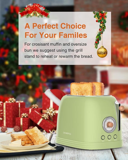 CROWNFUL 2-Slice Toaster, Extra Wide Slots Toaster, Retro Stainless Steel with Bagel, Cancel, Defrost, Reheat Function and 6-Shade Settings, Removal Crumb Tray, Green