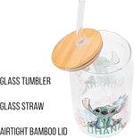 Load image into Gallery viewer, Silver Buffalo Disney Lilo and Stitch Ohana Floral Glass Jar Tumbler with Bamboo Lid and Glass Straw, 16 Ounces