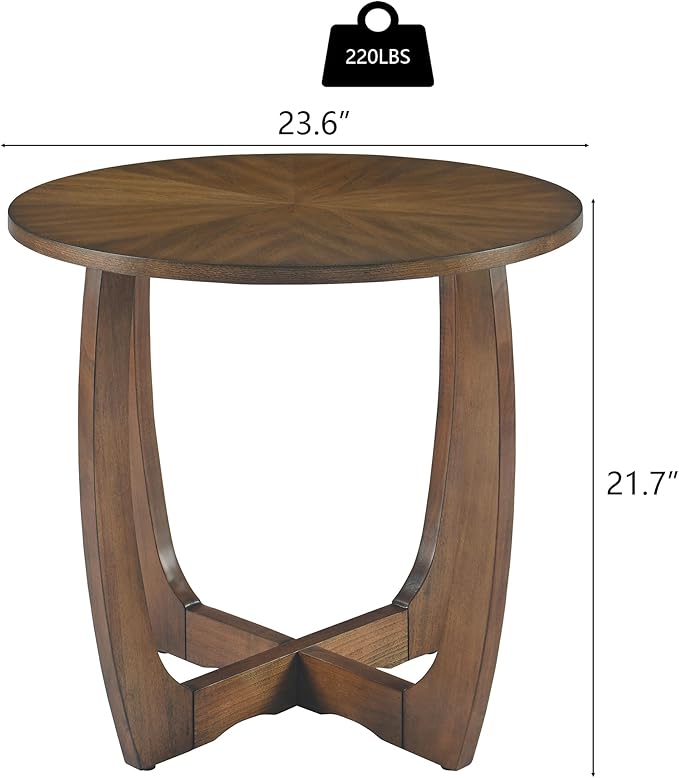 Large Round End Side Table with Cross Wood Leg, Mid Century Sofa Side Tables with soild wood, Walnut Side end Table, Telephone Tabless for Living Room, 23.6" D,Easy Assembly, Rustic Brown CJZ3223