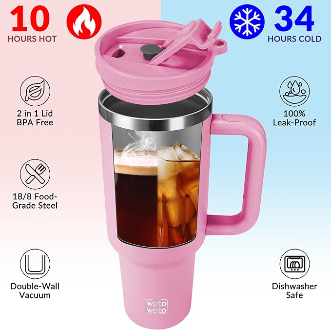 WETOWETO 40oz Tumbler with Handle and Lid | 100% Leakproof Insulated Stainless Steel Travel Mug | Keeps Cold 34Hrs/Hot 10Hrs | Dishwasher Safe, Fits Car Cup Holder (Lilac Color)