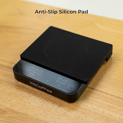 Minipress Coffee Scale, Auto Timer for Espresso and Pour-Over Coffee, Aluminum Body & Glass Top