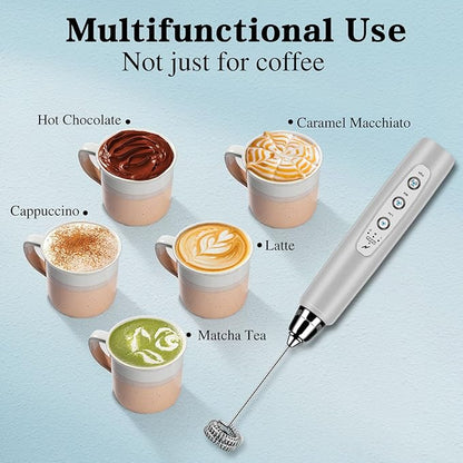 Milk Frother Handheld for Coffee, Electric Whisk 3 Speed Adjustable, Drink Mixer with Stainless 3 Whisks, Rechargeable Hand Frother Wand, Foam Maker for Latte Cappuccino Matcha Egg Silver