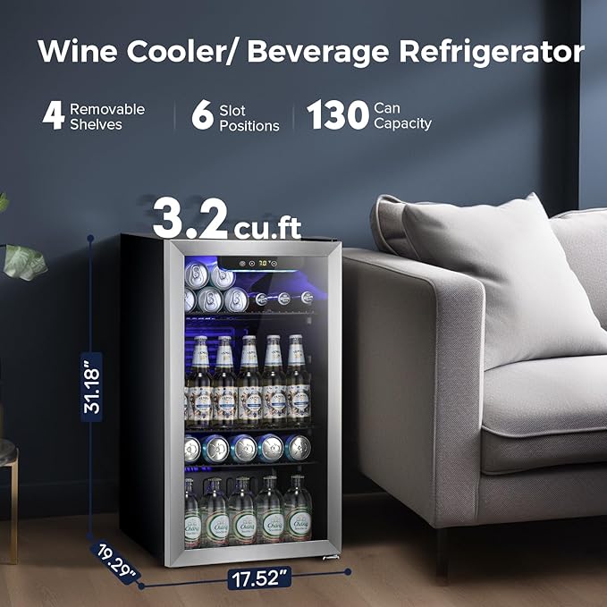 Kismile 3.2 Cu.ft Beverage Refrigerator and Cooler,130 Can Mini Fridge Glass Door,Digital Temperature Display for Soda, Beer or Wine, Small Drink Dispenser Cooler for Home, Office or Bar(Silver)