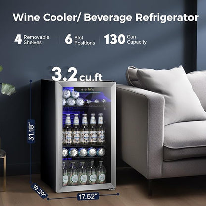 Kismile 3.2 Cu.ft Beverage Refrigerator and Cooler,130 Can Mini Fridge Glass Door,Digital Temperature Display for Soda, Beer or Wine, Small Drink Dispenser Cooler for Home, Office or Bar(Silver)