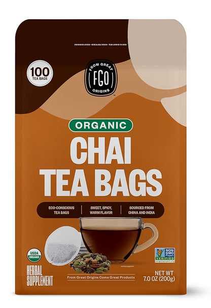 FGO Organic Chai Tea, 100 Count, Eco-Conscious Tea Bags, Resealable Bag, Packaging May Vary (Pack of 1)