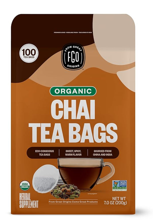 FGO Organic Chai Tea, 100 Count, Eco-Conscious Tea Bags, Resealable Bag, Packaging May Vary (Pack of 1)
