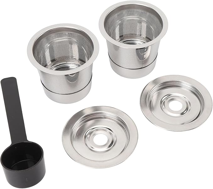 Reusable Coffee Pod, Stainless Steel Coffee Capsule, 304 Food Grade Easy Clean Dense Mesh Filter, Refillable Coffee Pod for Espresso Machine with Lids and Spoon