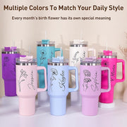 Personalized 40 Oz Tumbler with Handle and Straw, Custom Cup with Name & Birth Flower, Stainless Steel Travel Coffee Tumbler,Personalized Christmas Birthday Gifts for Women, Teen Girls