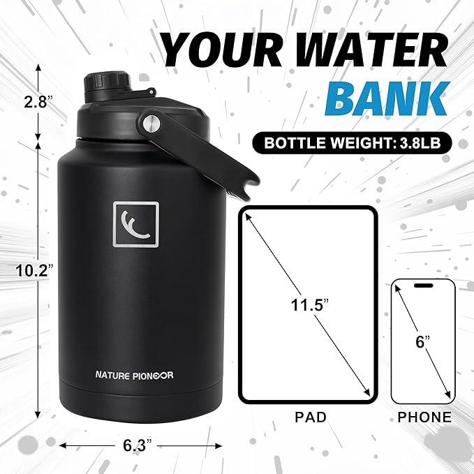 NATURE PIONEOR One Gallon Water Bottle Insulated - Large Double Vacuum Stainless Steel 128 oz Water Bottle with Holder/Carrier, 1 Gallon Water Jug,128oz, Wide Mouth
