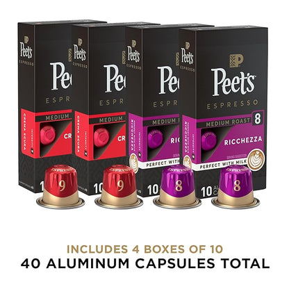 Peet's Coffee, Medium Roast Espresso Capsules Variety Pack, Compatible with Nespresso Original Machine - Intensity 8-9, 40 Count (4 Boxes of 10 Espresso Capsules)