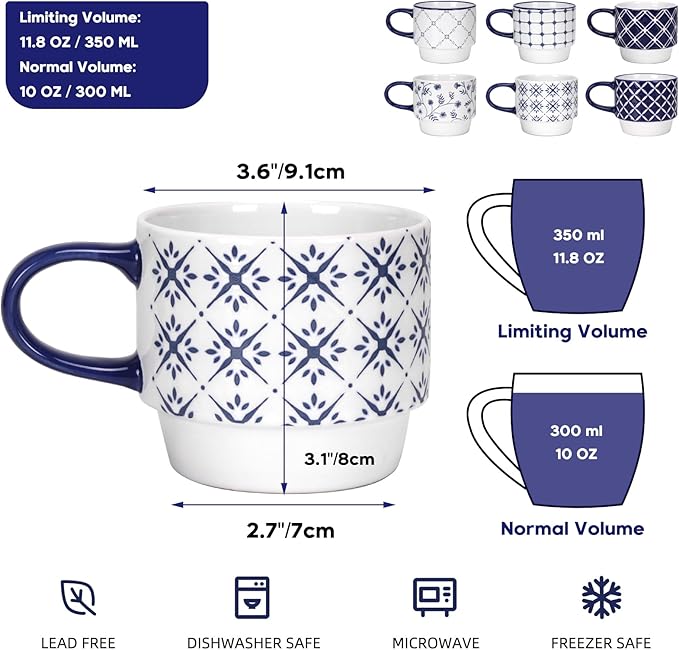 Schliersee 12 OZ Stackable Ceramic Coffee Mugs set of 6, Geometric Floral Pattern Small Mug, Blue White Porcelain Coffee Mug, Stacking Coffee Mugs, Tea Mug, Water Cup, Dishwasher Safe, Microwave Safe