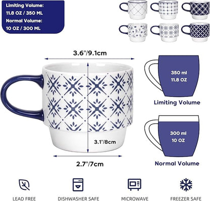 Schliersee 12 OZ Stackable Ceramic Coffee Mugs set of 6, Geometric Floral Pattern Small Mug, Blue White Porcelain Coffee Mug, Stacking Coffee Mugs, Tea Mug, Water Cup, Dishwasher Safe, Microwave Safe