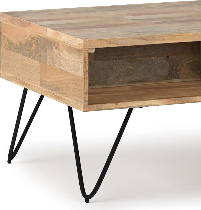 SIMPLIHOME Hunter Small Lift Top Coffee Table - 36 inch Wide Solid Mango Wood and Metal Industrial Cocktail Table in Natural, Living Room Table with Hidden Storage, 2 Cubbies, and Hairpin Legs