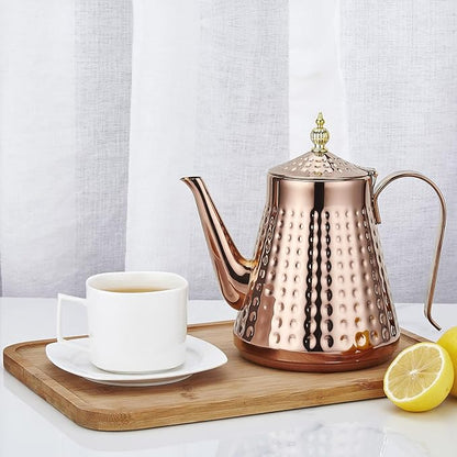 SANQIAHOME 1.6L(54oz) Stainless Steel Hammer Patterned Teapot With Removeable Infuser,Loose leaf cover,Copper