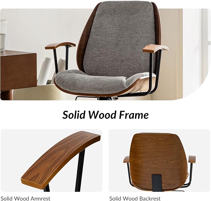 HULALA HOME Solid Wood Office Chair with Rocking Function, Comfy Fabric Desk Chair with Bent Wood and Metal Base, Height Adjustable Swivel Computer Task Chair, Tan