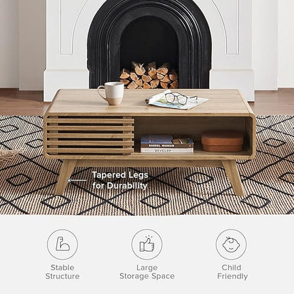 mopio Ensley Coffee Table with Storage, Mid Century Modern, Farmhouse Wood Coffee Table for Living Room Fluted (Oak)