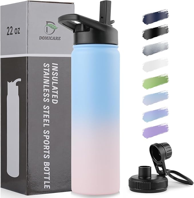 DOMICARE Insulated Water Bottle, 22 oz Vacuum Insulated Stainless Steel Reusable Sports Bottle with Straw Lid & Spout Lid for Travel, Camping, Bike, Leakproof, Blue/Pink, 1 Pack