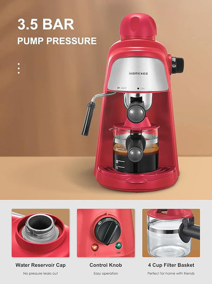 Espresso Machine, 3.5Bar Espresso and Cappuccino Machine with Fast Heating Function, 1-4 Cups Coffee Maker with Milk Frothing Function and Steam Wand (Red)
