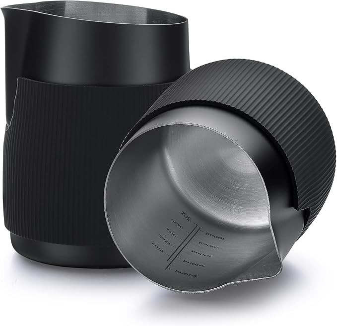 Normcore Handleless Milk Pitcher - Espresso Steaming Pitcher with Round Spout - 18/8 Stainless Steel Milk Frothing Jug, Black Non-Stick - Coffee Latte Frothing Pitcher - 20.3 oz (600 ml)