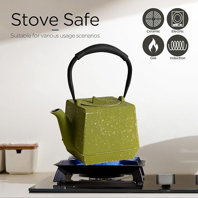 Cast iron Teapot, Tea Kettle for Stovetop Safe with Stainless Steel Infuser,Japanese Hand-made Square Tea Pot Coated with Enameled Interior for 27oz,780ml Green