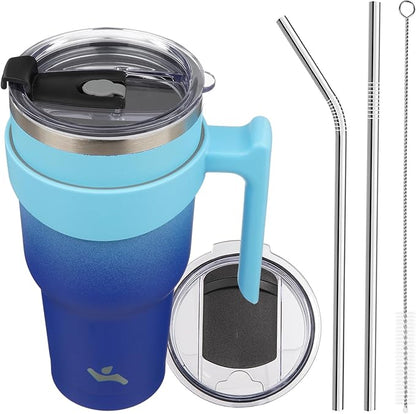 40 oz Tumbler with Handle and 2 Straw 2 Lid, Insulated Water Bottle Stainless Steel Vacuum Cup Reusable Travel Mug,Sky