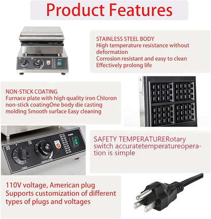 Commercial Square Waffle Maker, 110V Belgian Waffle Maker Iron, 2 Square-Shaped Waffles,Non-Stick Teflon Coating,50-300℃/122-572℉ Adjustable