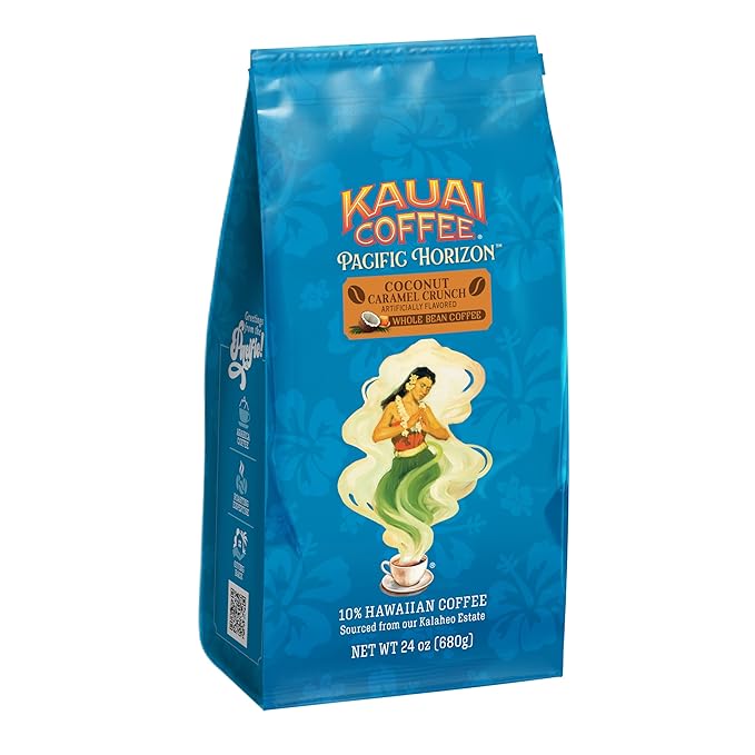 Kauai Coffee Whole Bean Coffee – Smooth, Non-Bitter Medium Roast Pure Arabica – Nutty Caramel and Tropical Coconut – Grown on Hawaii's Largest Coffee Farm – Coconut Caramel Crunch, 1 Pack of 24oz