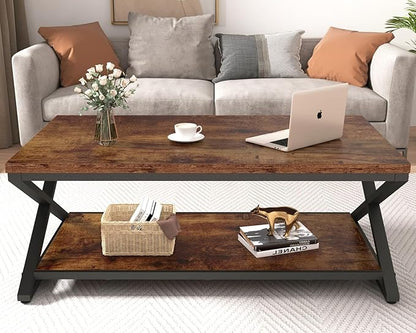 HSH Rustic Coffee Table with Storage Shelf, Industrial Metal Wood Living Room Table, Farmhouse Minimalist Rectangle Center Table, Vintage Simple 2 Tier Cocktail Tea Table, Rustic Brown, 47 Inch